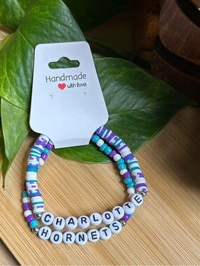 🏀 2-Piece Charlotte Hornets Stretchy Bracelet Set | Handmade | Beaded
